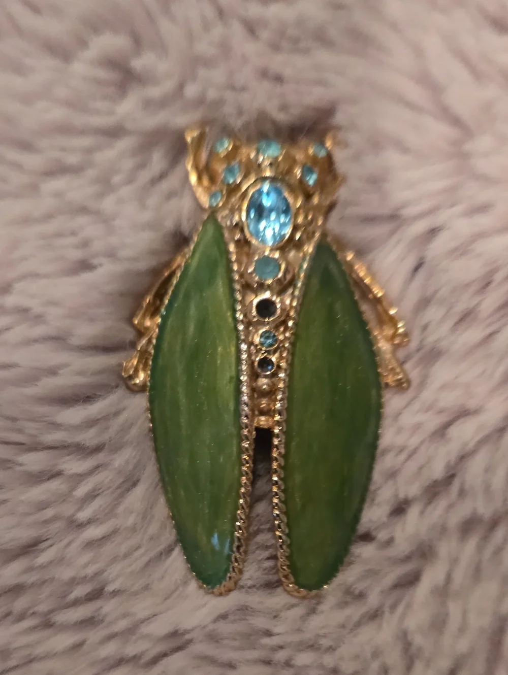 Gold-Tone Green Enamel Cicada Brooch with Blue Crystal Accents